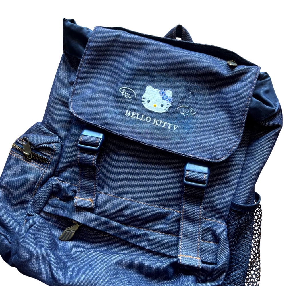 Vintage 2003 Sanrio Hello Kitty Blue Denim Backpack Embossed Back Y2K Bag 12x14
